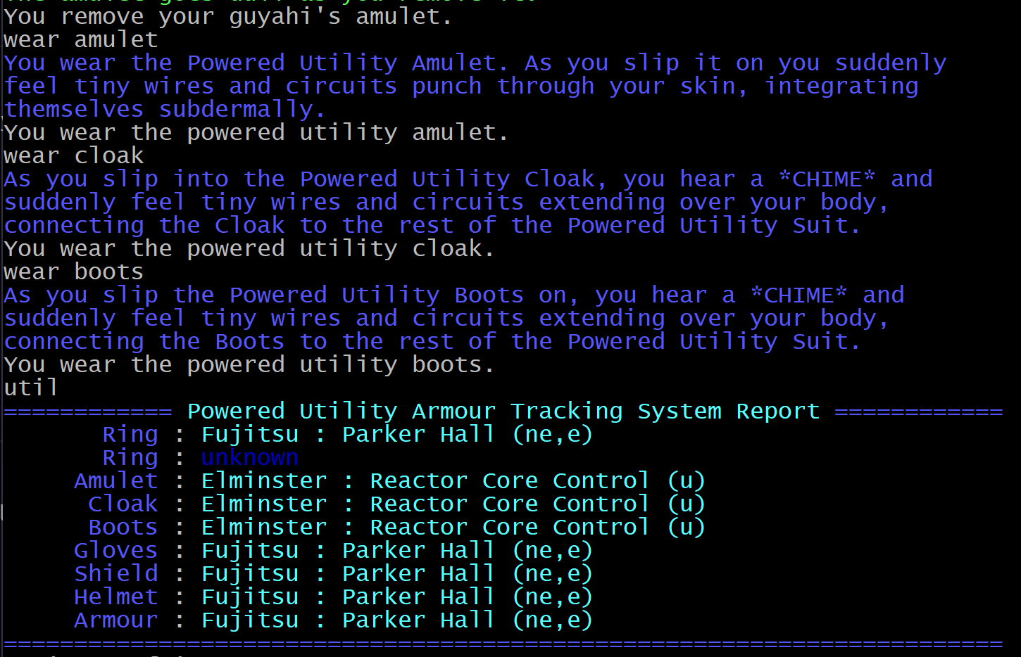 Screenshot of the util command for the power armor.