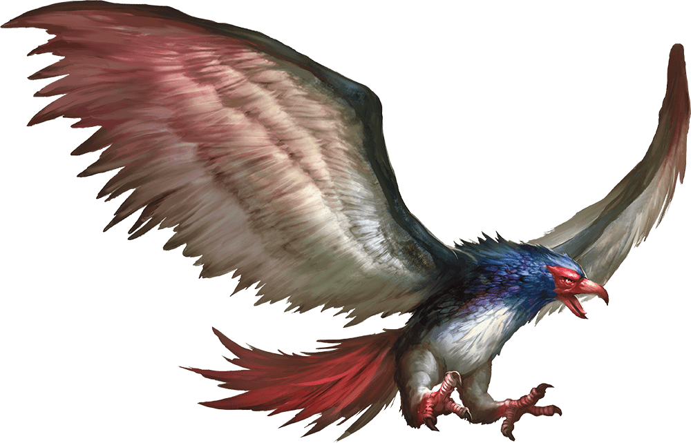 A bird with outstretched wings, open talons, and gaping beak. It has white feathers, with blue feathers on the head and red tail feathers.