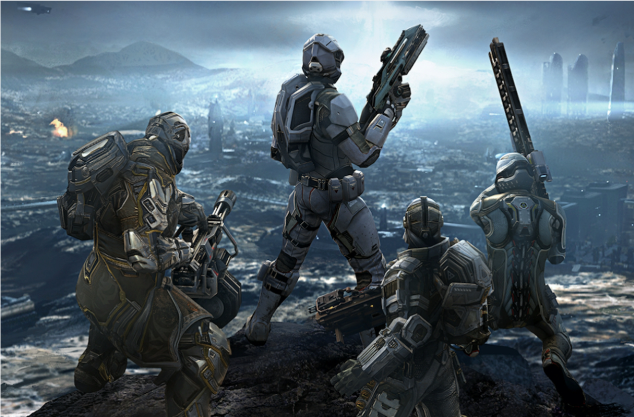 Image of soldiers (supposed to represent Gentech) with futuristic weaponry, standing on the edge of a cliff and staring off into the distant destroyed city.