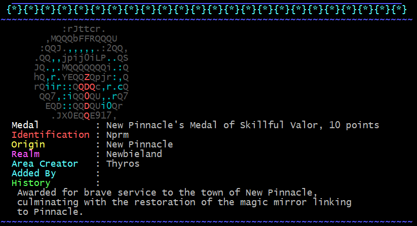 Screenshot of the New Pinnacle's Medal of Skillful Valor that can be seen on the mud when you type medals nprm