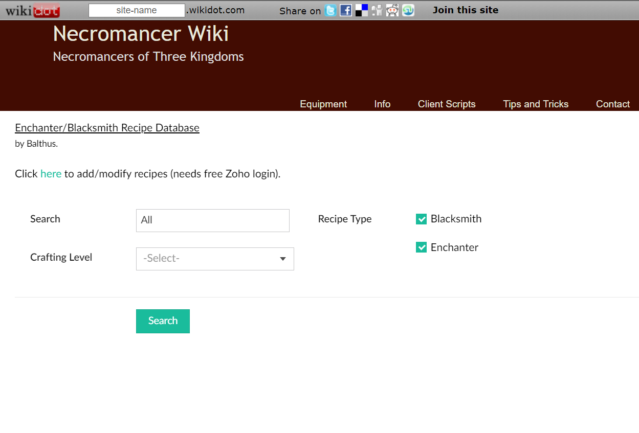 screenshot of the enchanter/blacksmith recipe database site
